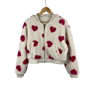 No Boundaries L Faux Fur Heart Print Zip-Up Jacket